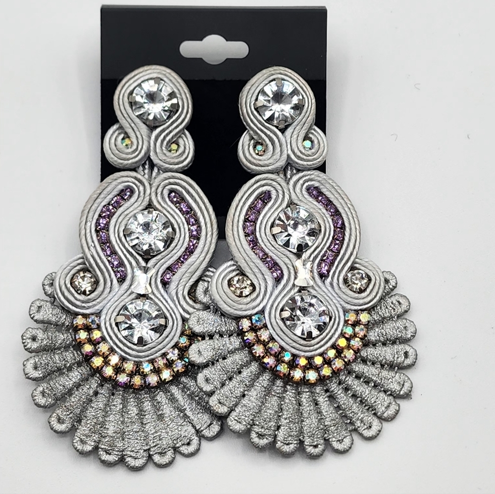 Silver Lace With Purple And AB Rhinestone Statement Earrings - Picture 10 of 11